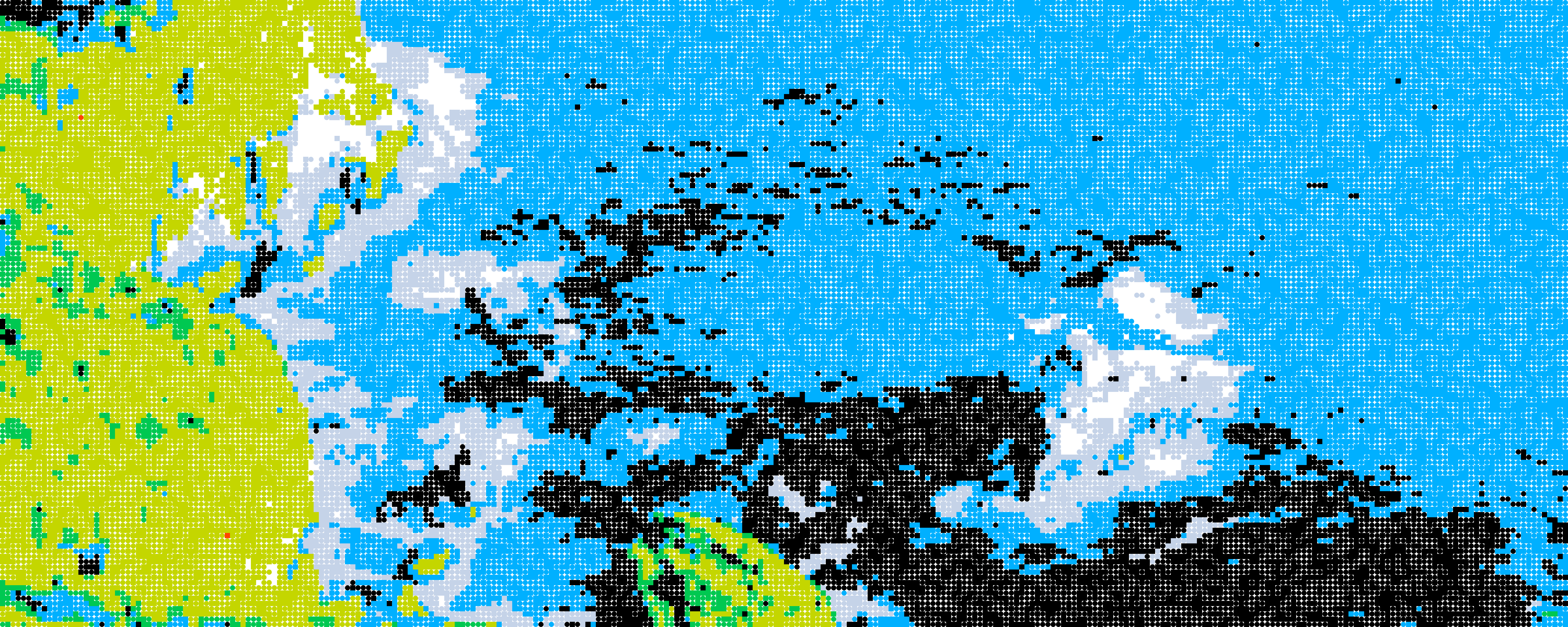 Pixelated coastal cliffs, offshore rocks, and ocean surf