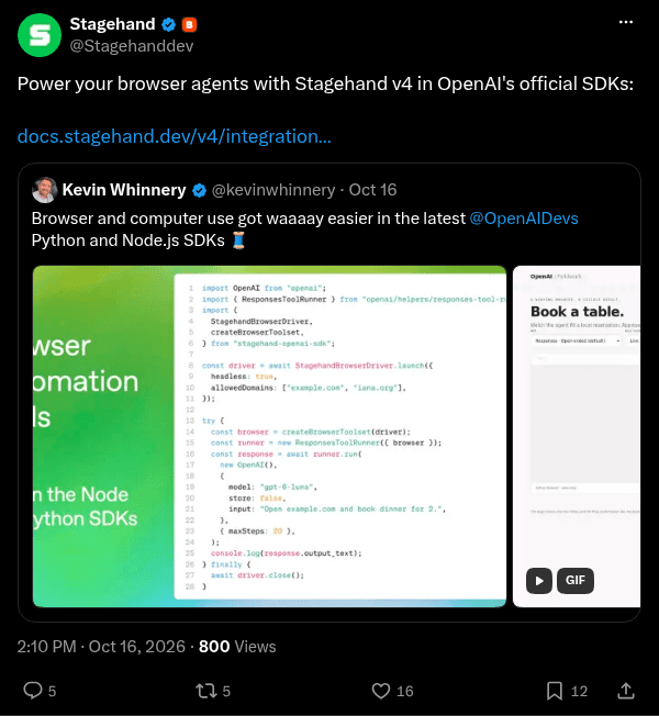 Stagehand OpenAI SDK announcement